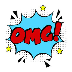 OMG comic style message in red speech bubble.  Colored pop art style sound effect. Halftone vector illustration banner. Vintage comics book poster. Colored funny cloud font