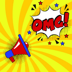OMG comic style message in red speech bubble.  Colored pop art style sound effect. Halftone vector illustration banner. Vintage comics book poster. Colored funny cloud font