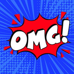 OMG comic style message in red speech bubble.  Colored pop art style sound effect. Halftone vector illustration banner. Vintage comics book poster. Colored funny cloud font