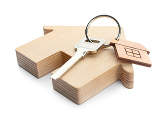 Key with keychain and figure of house on white background