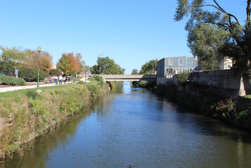 Illinois and Michigan Canal and its trail in autumn at Lemont, Illinois