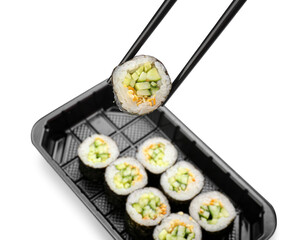 Set of delicious sushi rolls on white background