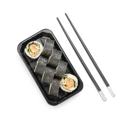 Set of delicious sushi rolls on white background