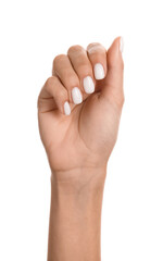 Female hand with beautiful trendy manicure on white background