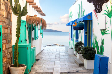 Wide angle shot of narrow streets at sunrise in Bodrum, Mugla, Turkey. Tourism and leisure concept.