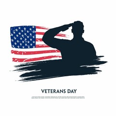 Vector Graphic of Soldier's silhouette giving salute in front of American Flag isolated on white background perfect for Veterans Day illustration and card
