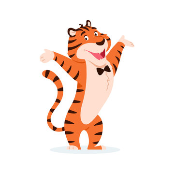 Flat happy smiling striped tiger with hands up isolated on white background. Cute funny joyful wild cat. Adorable New Year 2022 Chinese symbol. Smiling cheerful animal character vector illustration.