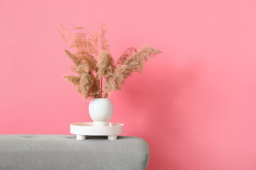 Vase with dry reeds near color wall in room