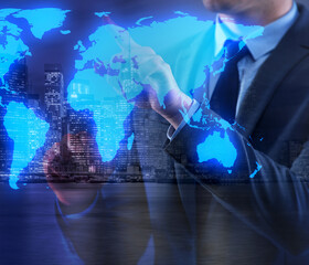 Businessman pressing virtual buttons in global business concept