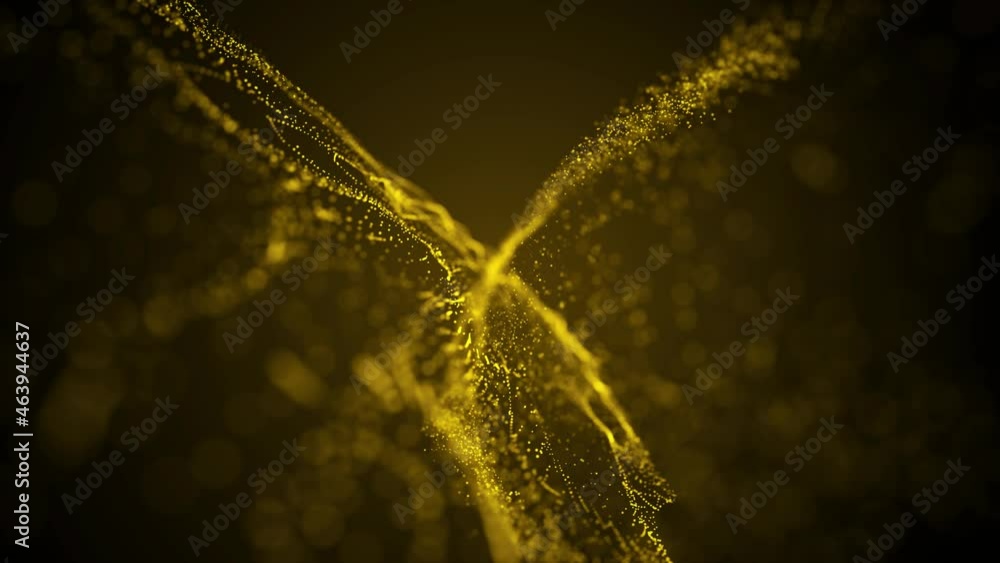 Poster abstract motion yellow shinny space view glittering wave particles fluid visual concept background