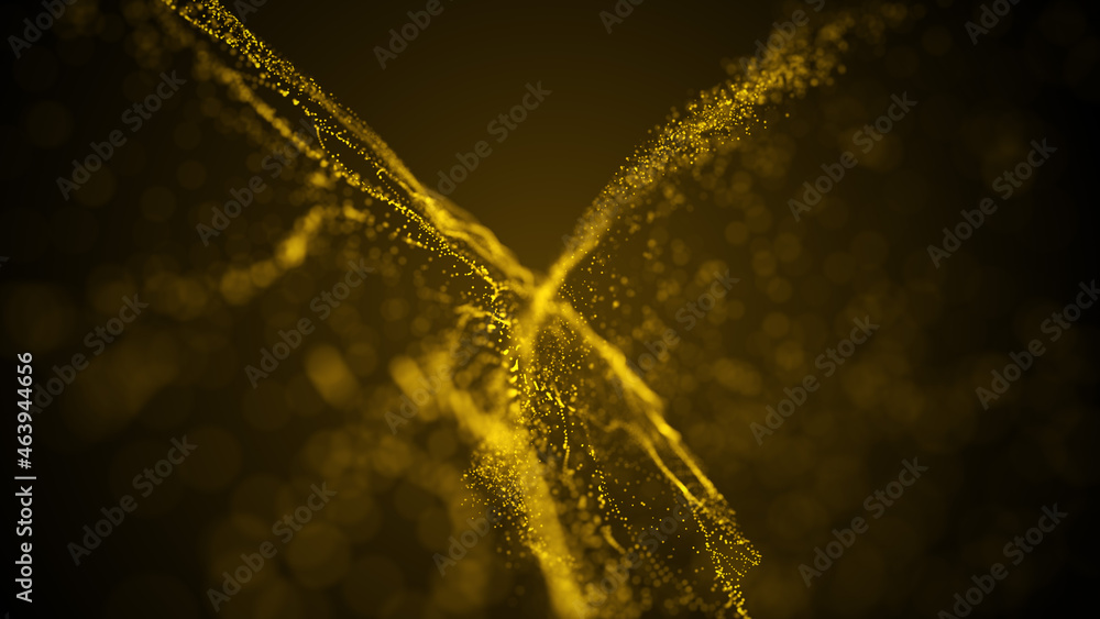 Poster abstract yellow shinny space view glittering wave particles fluid visual concept background design
