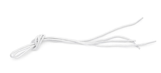 Shoe laces tied in knot on white background