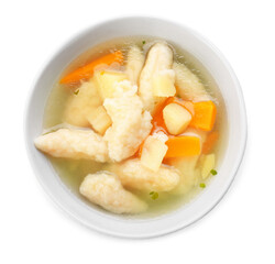 Bowl of delicious dumpling soup isolated on white background