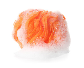 Orange bath sponge with foam isolated on white background