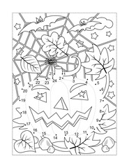 Halloween pumpkin dot-to-dot picture puzzle and coloring page with jack-o-lantern, spiderweb, bats, falling autumn leaves. Answer included.
