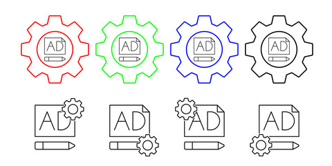 Advertisement, pen, seo vector icon in gear set illustration for ui and ux, website or mobile application