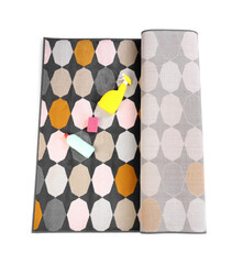 Soft carpet with cleaning supplies on white background