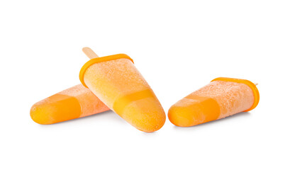 Tasty melon popsicles on white background