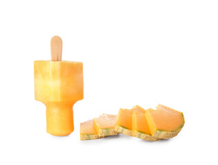Tasty melon popsicle on white background