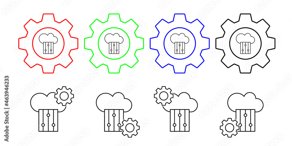 Aufkleber cloud computing, settings, seo vector icon in gear set illustration for ui and ux, website or mobile