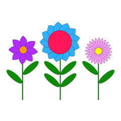 Colorful flat flowers. Purple, blue and pink element. Summer icon. Birthday card. Vector illustration. Stock image.
