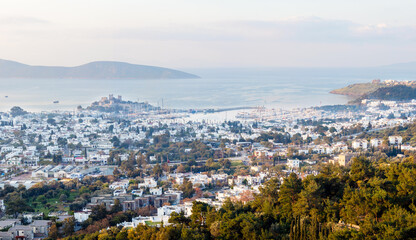 Wide angle photo of bodrum city center at sunrise in Bodrum, Mugla, Turkey. Tourism and leisure concept.