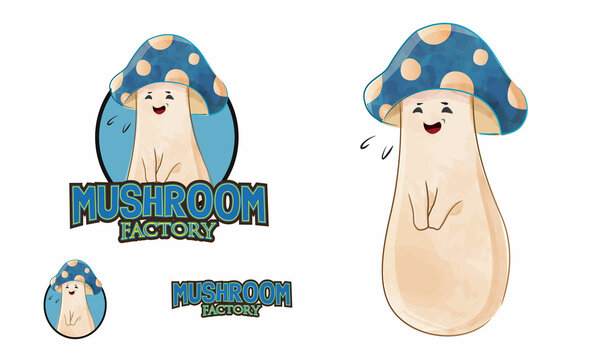 Watercolor Blue Mushroom Mascot Illustration