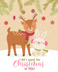 Cute cartoon animals couple illustrations with pine leaves and snow background for Christmas and new year celebration.