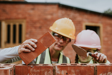 Daughter learning how to lay bricks by mother