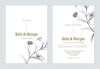 Minimalist floral wedding invitation card template, ruellia tuberosa flowers and leaves on white