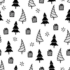 Obraz premium Christmas tree seamless pattern. Hand drawn doodle style winter christmas pattern. Vector illustration.
