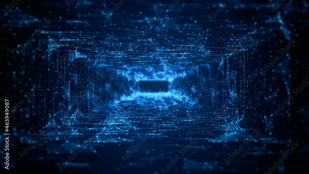 Poster Tunnel Sci-Fi Digital Cyberspace, Digital Data Network and Blockchain Connections. Technology Digital Data Background Concept. 3d rendering