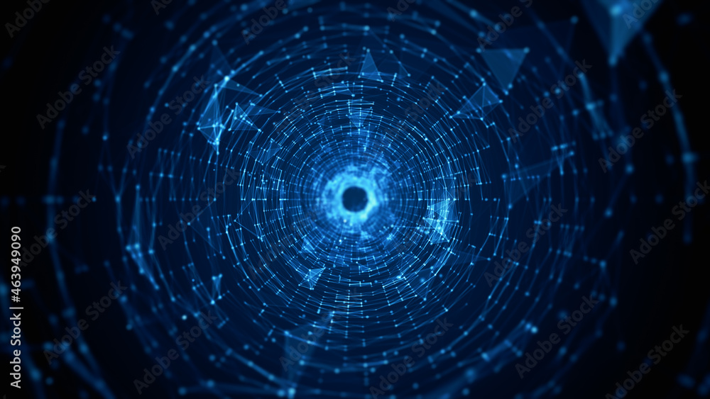 Poster Tunnel Sci-Fi Digital Cyberspace, Digital Data Network and Blockchain Connections. Technology Digital Data Background Concept. 3d rendering