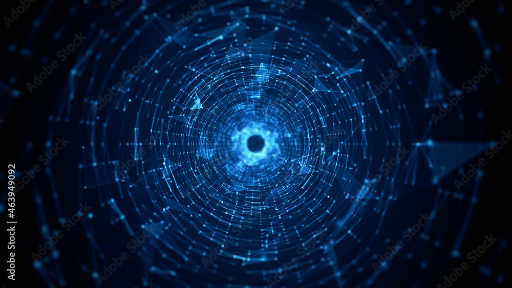 Poster Tunnel Sci-Fi Digital Cyberspace, Digital Data Network and Blockchain Connections. Technology Digital Data Background Concept. 3d rendering