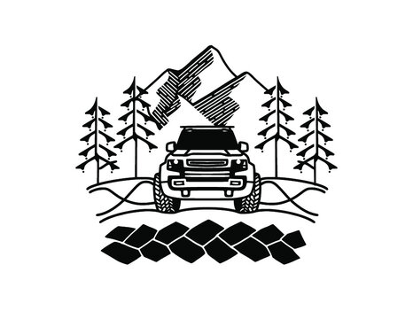 Off road travel 4x4 car at sunset and mountains view