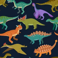 Muurstickers Dinosaurussen Naadloze patroon met schattige cartoon doodle dinosaurussen en natuurelementen, rotsen, bladeren en sterren. Schattige kinderen ontwerp.
