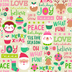 Cute cartoon character, christmas elements and typography design seamless pattern.