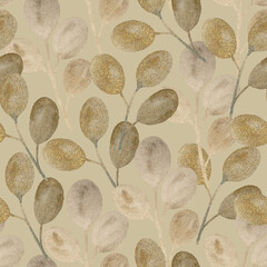 Watercolor seamless pattern with golden shimmering abstract plants and leaves for fabric and design.