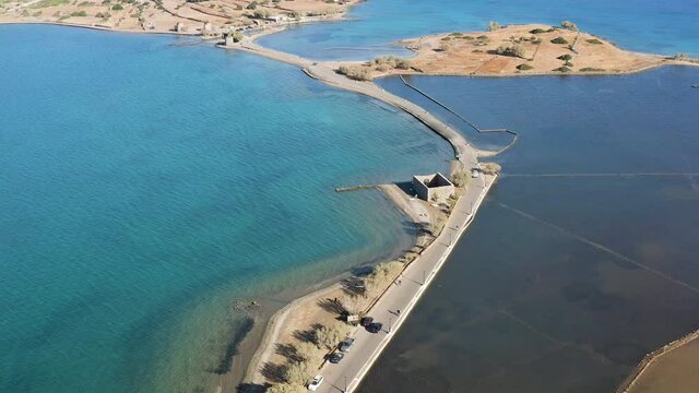 Aerial view of ancient salt pans and Minoan port of Olous, Crete