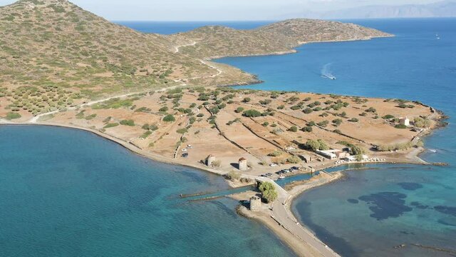 Aerial view of ancient salt pans and Minoan port of Olous, Crete