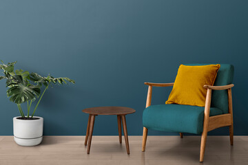 Mid-century modern living room interior design with monstera tree