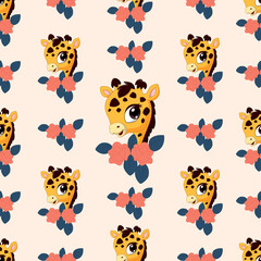 Cute giraffe seamless pattern with flower © Zhye
