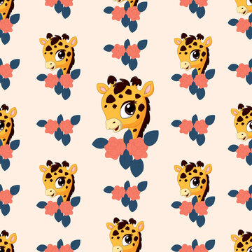 Cute giraffe seamless pattern with flower
