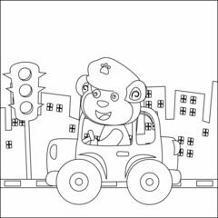 Obraz na płótnie Canvas Vector cartoon of funny monkey police patrol in the city. Childish design for kids activity colouring book or page.