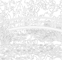 The Water Lily Pond (1899) by Claude Monet: adult coloring page - obrazy, fototapety, plakaty