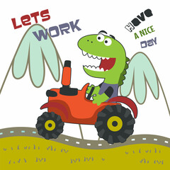 Cute dinosaur and tractor in the farm, funny animal cartoon, Can be used for t-shirt print, kids wear fashion design, invitation card. fabric, textile, nursery wallpaper, poster and other decoration.