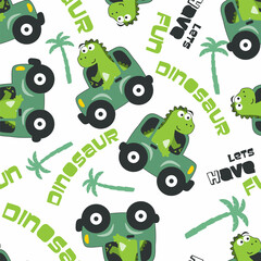 Seamless pattern of cute dinosaur driving a car go to forest funny animal cartoon. Can be used for t-shirt print, kids wear fashion design, print for t-shirts, baby clothes and other decoration