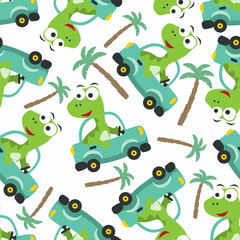 Obraz premium Seamless pattern of cute dinosaur driving a car go to forest funny animal cartoon. Can be used for t-shirt print, kids wear fashion design, print for t-shirts, baby clothes and other decoration