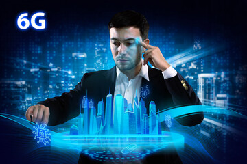 Business, Technology, Internet and network concept. Young businessman working on a virtual screen of the future and sees the inscription: 6G