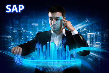Business, Technology, Internet and network concept. Young businessman working on a virtual screen...
